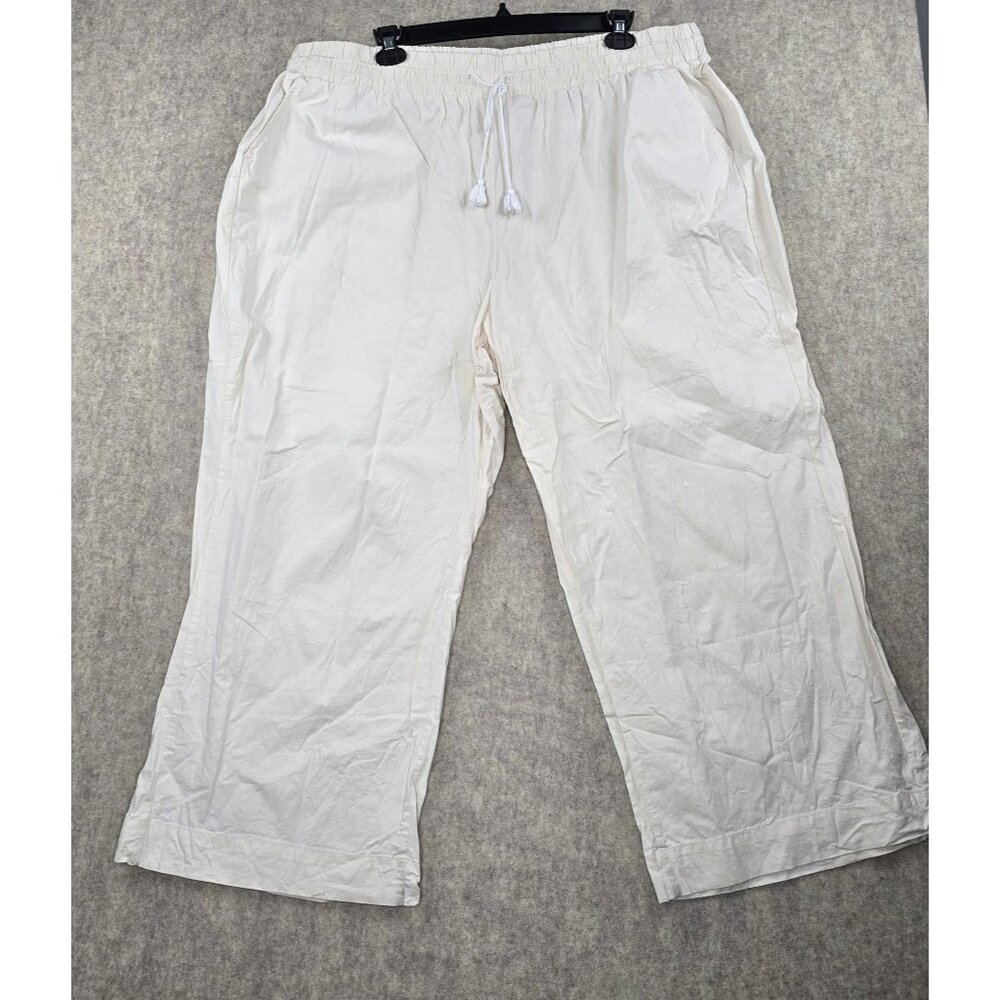 Drawstring Elastic Waist Wide Leg Linen Pants Womens Size 28S White Lightweight